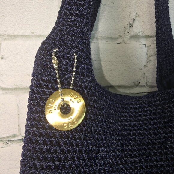 THE SAK NAVY CROCHETED DOUBLE STRAP BUCKET SHOULDER BAG PURSE EUC - Picture 7 of 10